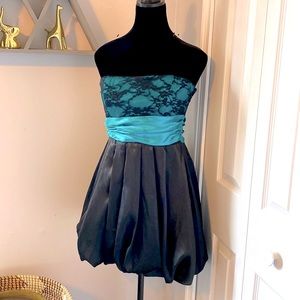 Black & green girls dress, strapless, with lace, bubble hem, size 7